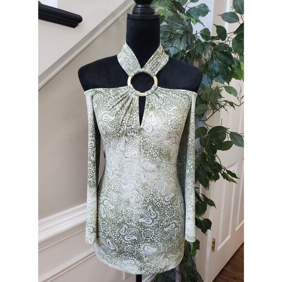 Michael Kors Women's Green Paisley Off the Shoulder Back Zip Top Blouse Size XS - Picture 1 of 11